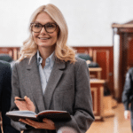 two white women lawyers with white male client in court