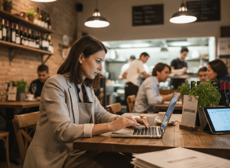 female business owner studying what is a merchant cash advance on laptop in restaurant