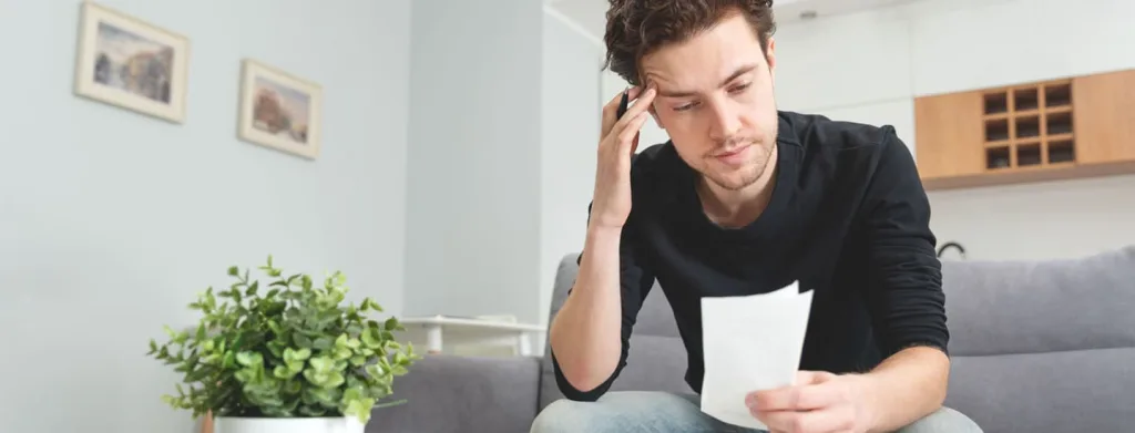 white man sitting on couch looking at piece of paper and thinking