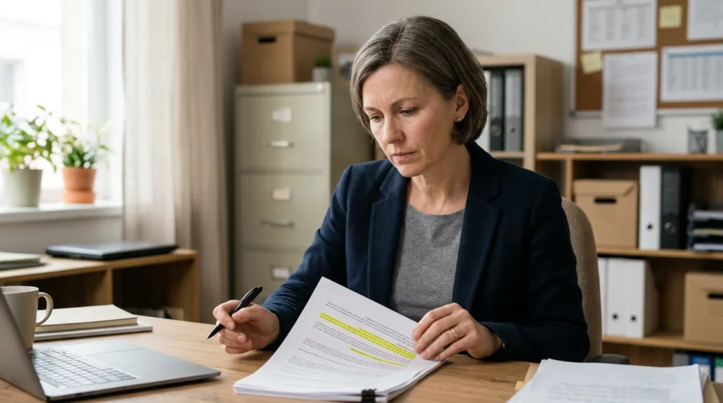 middle-aged female small business owner sitting at a small office desk, closely reading a printed MCA contract