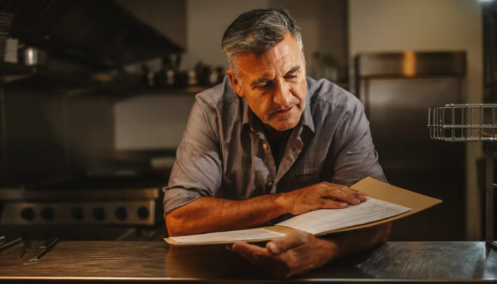 white male restaurant owner reviewing books at failing business and considering merchant cash advance