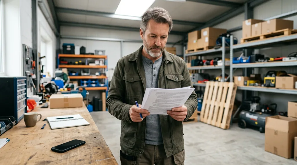Small business owner reviewing a merchant cash advance contract before deciding to hire an attorney