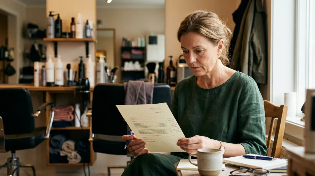 Small business owner reading a legal letter about a merchant cash advance contract dispute