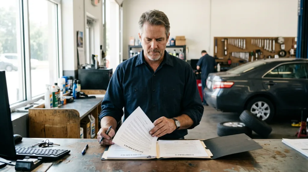 Business owner reviewing contract documents while considering legal action against an MCA company