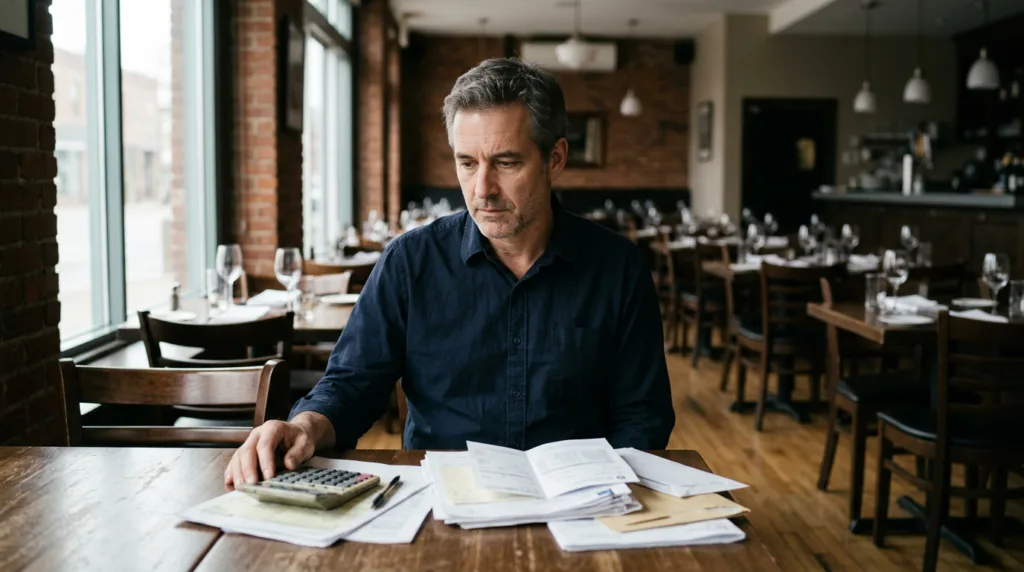 Restaurant owner sitting in his empty dining room reviewing bills and MCA debt paperwork